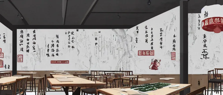 Image similar to a beautiful interior view illustration of a small roasted string hotpot restaurant in yan'an city, wall corner, restaurant wall paper is tower amd mountain, rectangle white porcelain table, people are eating, black chair, animation illustrative style, from china, simple style structure decoration design, victo ngai, james jean, 4 k hd