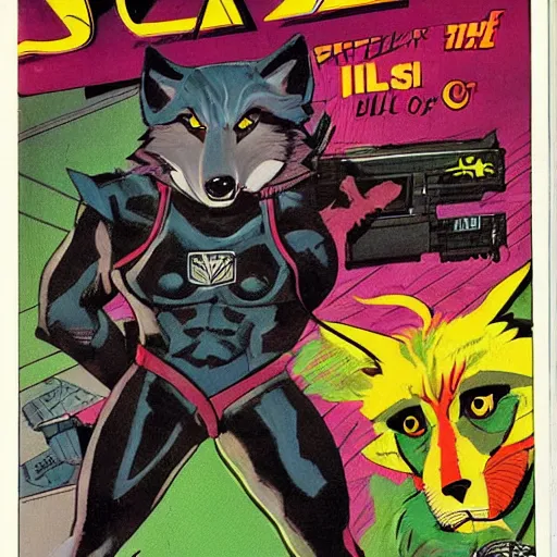 Image similar to 1 9 8 0 s comic book cover scan featuring a portrait of villain male wolf o'donnell anthropomorphic wolf furry fursona from starfox wearing a dark space mercenary uniform, dark grey wolf, handsome eyes, wolf o'donnell