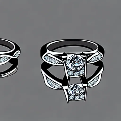 Prompt: sketch of engagement ring with two smaller diamonds outside and one bigger diamond in the middle, detailed, concept art, victorian, schematic