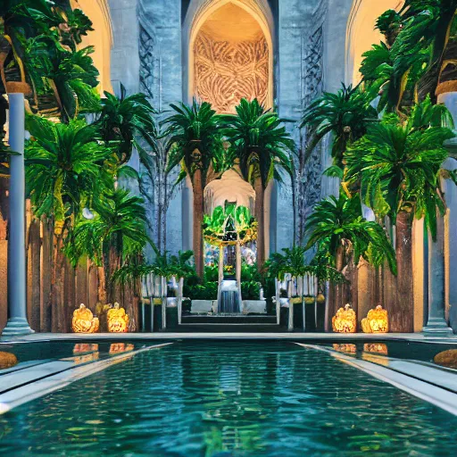 Image similar to grand cathedral interior with koi pond in the middle surrounded by palm trees, ivy, flowers, tropical plants, roses, and with archways, rendered in octane render with photorealistic lighting, cinematic