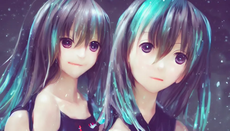 Image similar to cute anime girl by wlop, detailed eyes, heterochromia, bright eyes, full body shot, wide angle, posing, happy expression, short minidress, light clothing, light rain, hyper real, detailed digital art, hatsune miku, photorealistic