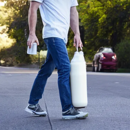 Image similar to white man walking down the street with a gallon of milk