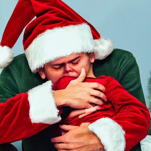 Image similar to an alcoholic wearing santa suitr crying while having a child on his lap, shopping mall, emotional, sadness, anxious, depressed, zoomed out, colorfull, photorealistic, cinematic, concept art, epic