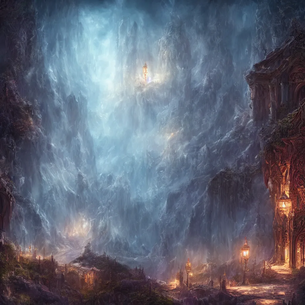 Image similar to kingdom of elves, outside of time and space, dreamy, romantic, night lighting, gorgeous lighting, dramatic cinematic lighting, intricate, highly detailed, 8 k
