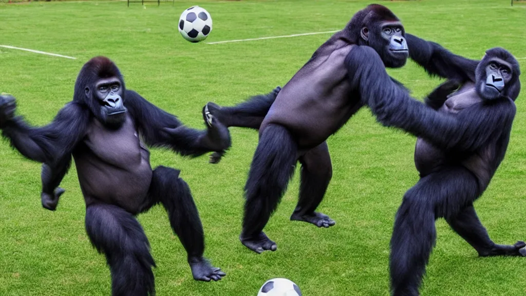 Image similar to gorillas using vr headset playing soccer, vivid