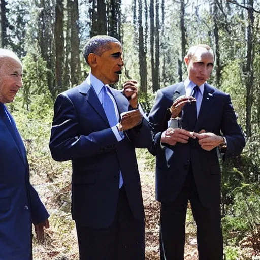 Image similar to joe biden smoking a fat blunt with obama and putin in the woods