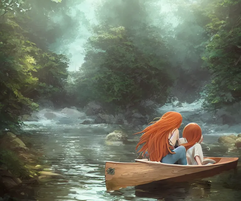 Prompt: a girl with long, flowing auburn hair, and a boy with short hair sitting together in a small wooden paddle boat sailing down a narrow river in a forest, rocky shore, trees, shady, blue waters, ripples, waves, reflections, details, sharp focus, illustration, by Jordan Grimmer and greg rutkowski, Trending artstation, pixiv, digital art
