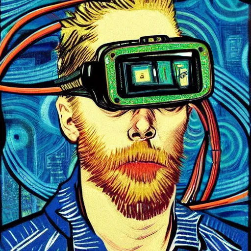 Image similar to Illustrated by Shepard Fairey and H.R. Geiger | Cyberpunk VAn Gogh with VR helmet, surrounded by cables