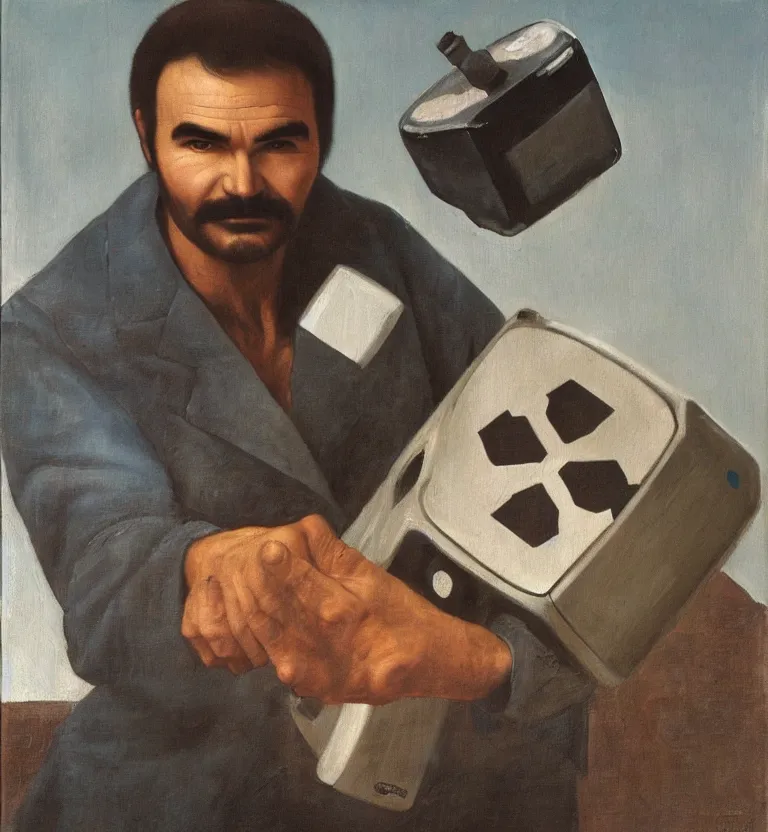 Image similar to oil painting half-length portrait of burt Reynolds holding the companion cube and a portal gun, by Leonardo da Vinci