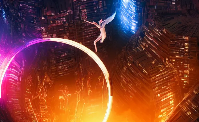 Image similar to giants hybrid of human and angels coming out of the hole in the center of planet earth, tron, close up bokeh hiperrealistic neon glow darkness dramatic neon, sharp focus, octane render, imax