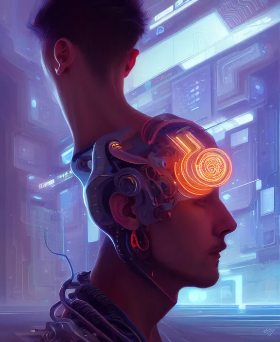 Image similar to a whirlwind inside the metaverse, guy, male, man, hologram, half body, neurochip, android, cyborg, cyberpunk face, by loish, d & d, fantasy, intricate, elegant, highly detailed, colorful, digital painting, artstation, concept art, art by artgerm and greg rutkowski and alphonse mucha