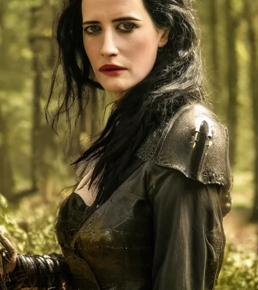 Image similar to 5 5 mm close up portrait photo of eva green as yennefer of vengerberg in black leather armor and long black fluff hair, in a forest. magical atmosphere. art by greg rutkowski. lifelike. very detailed 8 k. intricate. soft light. nikon d 8 5 0.