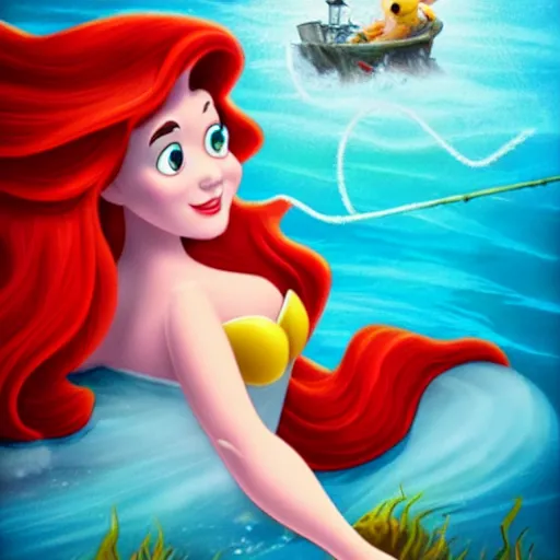 Prompt: disney poster of the little mermaid trapped in a fishing net, distressed look, 4 k, artstation