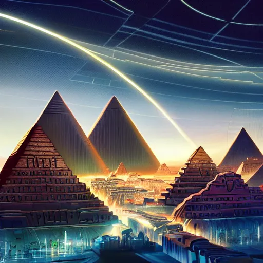 Image similar to a scene of a beautiful intricate epic futuristic pharaoh city with a cyber pyramid, a neo sphynx and hovering chariots taken from a distance, minimalist, cinematic lighting