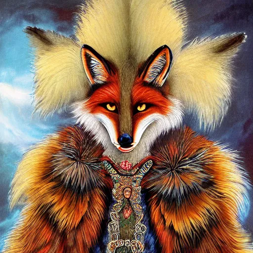 Prompt: a painted portrait of a fox furry character, long fluffy fur, painted fox skull mask, peacock mage clothes with 9 feathered tails trailing behind like the train of a dress, painting by jeff easley, stylized, vhs, 8 0 s, dnd beyond, chromatic aberration, fae,