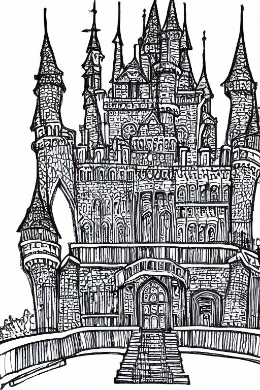 Image similar to single line sketch of elaborate intricate castle, scribble sketch, small details,