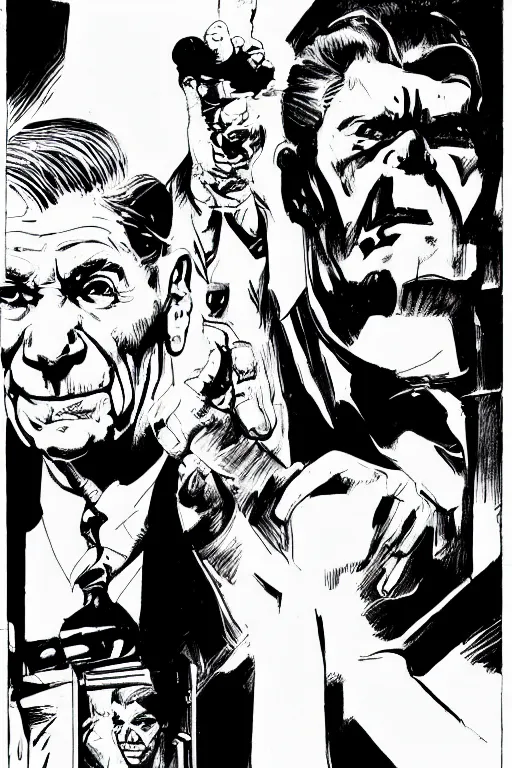 Prompt: ronald reagan, mid - shot, a page from cyberpunk 2 0 2 0, style of paolo parente, style of mike jackson, adam smasher, johnny silverhand, 1 9 9 0 s comic book style, white background, ink drawing, black and white, colouring pages