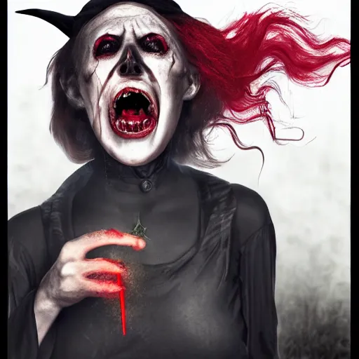 Prompt: A realistic photo of a creepy witch, huge red lightning coming out of her mouth, blood, dead skin, detailed body