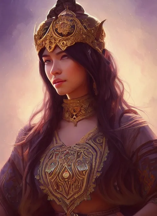 Image similar to portrait of russian mexican asian girl jodhpurs hyperborea lemuria, deep focus, d & d, fantasy, intricate, elegant, highly detailed, digital painting, artstation, concept art, matte, sharp focus, illustration, hearthstone, art by rhads by artgerm and greg rutkowski and alphonse mucha