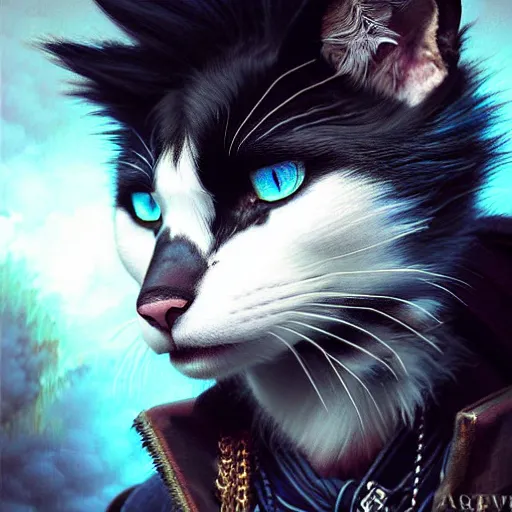 Image similar to portrait painting of a punk catfolk bard with blue eyes and black fur, ultra realistic, concept art, intricate details, eerie, highly detailed, photorealistic, octane render, 8 k, unreal engine. art by artgerm and greg rutkowski and charlie bowater and magali villeneuve and alphonse mucha