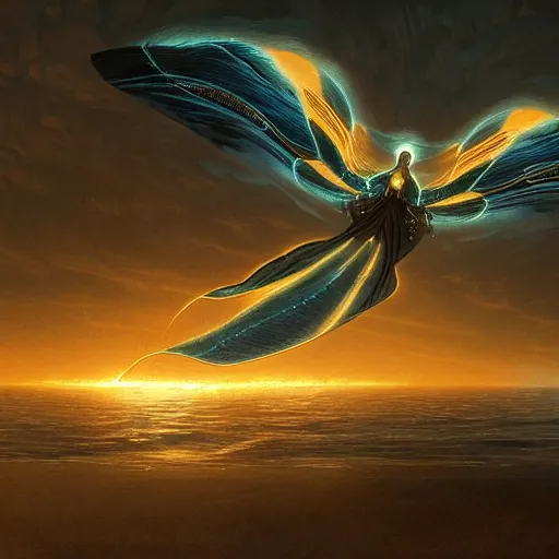 Image similar to illuminated tron wings in front of a lsd sunset, cliffside ocean scene, diffuse lighting, hyper realistic, elegant, intricate, hyper detailed, smooth, sharp focus, concept art, illustration, trending on artstation, art by artem demura, greg rutkowski, james gurney, and alphonse mucha