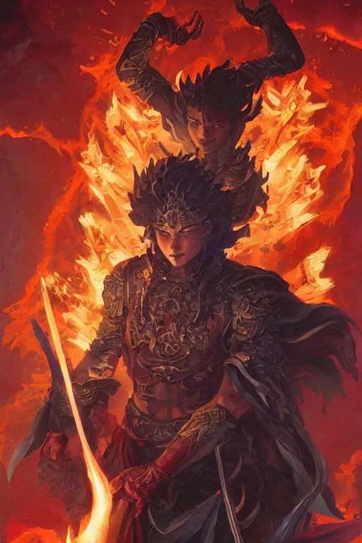 Prompt: tarot card of the flaming sword spell scroll art by artgerm and greg rutkowski and Craig Mullins, James Jean, Andrey Ryabovichev, Mark Simonetti and Peter Morbacher 16k