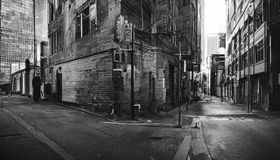 Image similar to old inner city sydney city, australia. black and white photography. dark energy 8 k