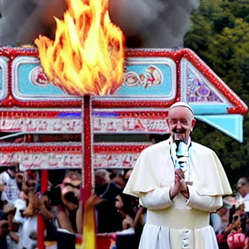 Image similar to a photo of the pope breathing out fire at a carnival sideshow