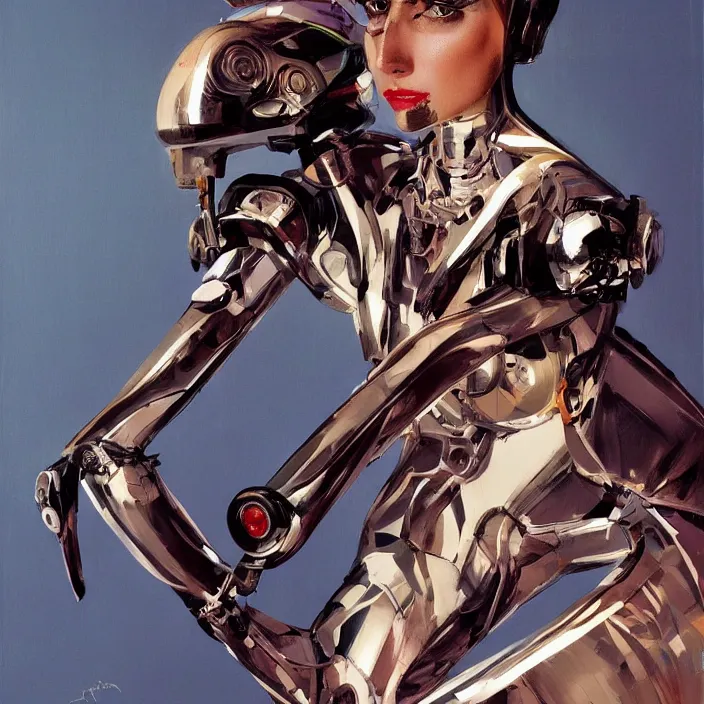 Image similar to feminine hussar cyborg, full body, high fashion, futurism, aerodynamic, flowing, intricate, slick, highly detailed, digital painting, vogue, concept art, smooth, sharp focus, hd, art by syd mead and john berkey and annie leibovitz