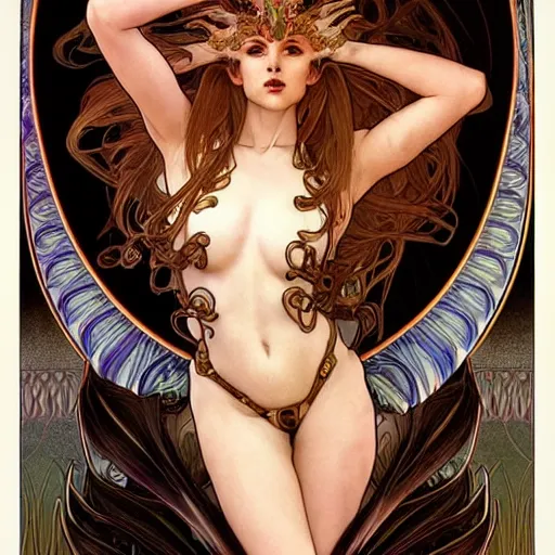 Image similar to 3/4 body portrait of the firedragon queen by artgerm and H R Giger and alphonse mucha, HD, full body dragon concept, flying dragon, Human body with dragon features, beautiful queen, perfect face, perfect body, 10/10 would dream again, fantasy, intricate, elegant, highly detailed, digital painting, artstation, concept art, smooth, sharp focus, illustration, ray tracing, 4k realistic 3d rendered portrait, soft shading, soft colors, relaxed colors, hyperdetailed, wide angle lens, fantasy, futuristic horror, armor style of giger