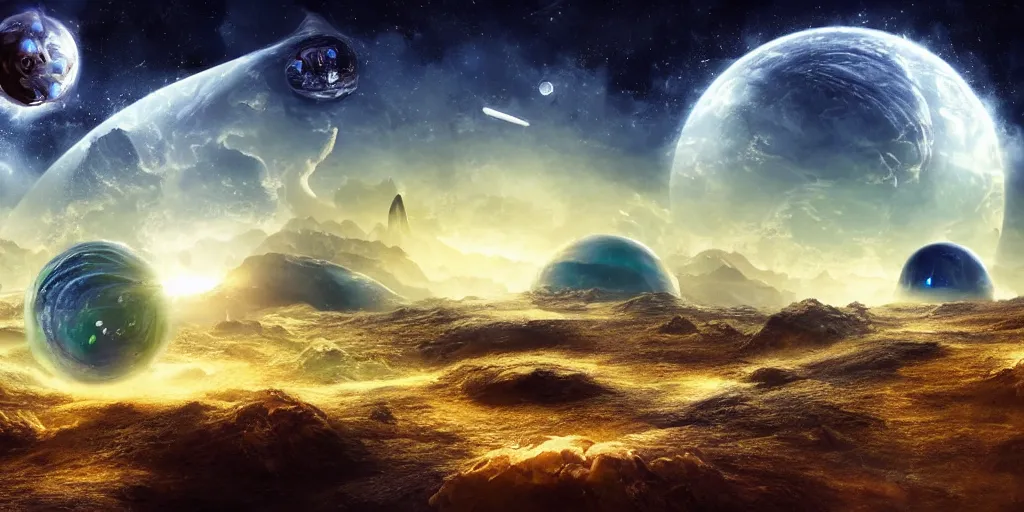 Prompt: alien world, beautiful landscape, digital art, space in the sky, planet ring, spaceship, explosion further away