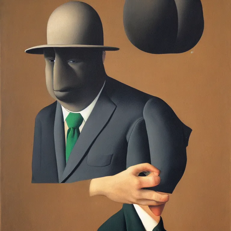 Image similar to portrait of man in a suit with covered head by rene magritte, detailed painting, hd, hq, high resolution, high detail, 4 k, 8 k