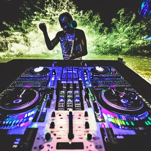 Prompt: A hd photo of a Dj playing his mixer in a rave with a lot of dragonflies around