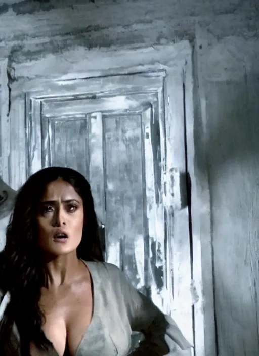 Image similar to film still of salma hayek in a haunted house, ghostly figures surrounding her, revealing cop uniform, 4k