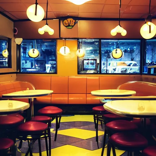 Prompt: inside of a diner serving hot pancakes with alien waiters, cozy lighting, late night, photo