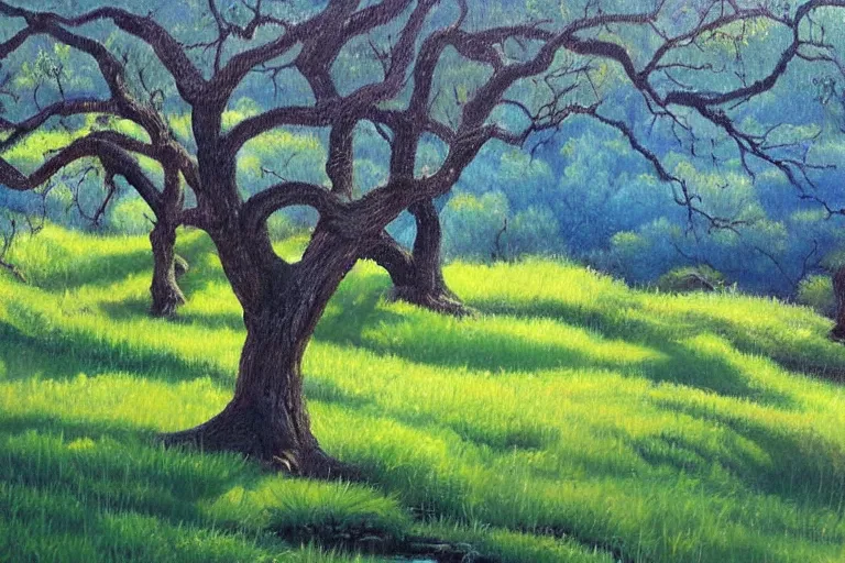 Image similar to masterpiece painting of oak trees on a hillside overlooking a creek, dramatic lighting, by nora collyer