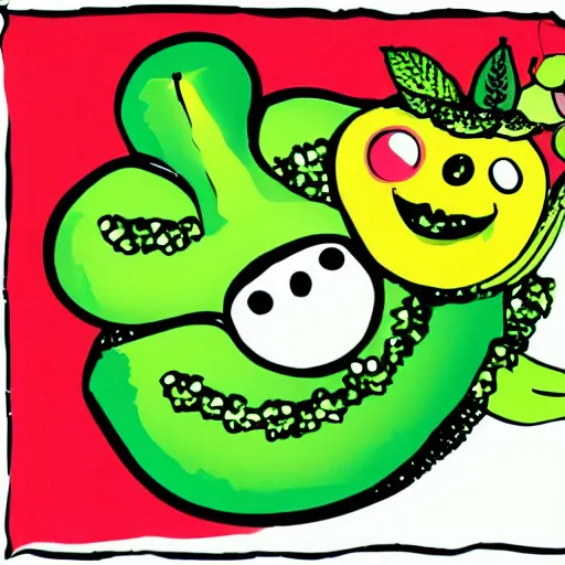 Image similar to dancing fruit, broccoli, banana, they are dancing, children illustration, 2D