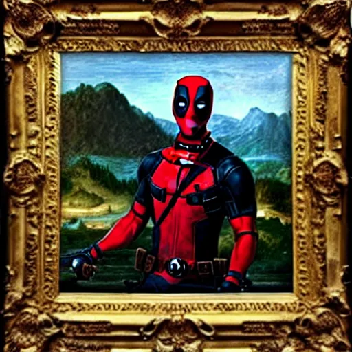 Image similar to the Deadpool as Monalisa, realistic painting by Leonardo da Vinci