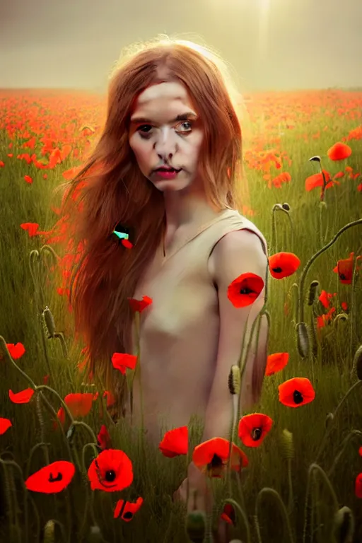 Prompt: epic Beautiful art portrait of a light elemental girl in a poppy' field , atmospheric lighting, intricate detail, cgsociety, hyperrealistic, octane render, RPG portrait, ambient light, dynamic lighting