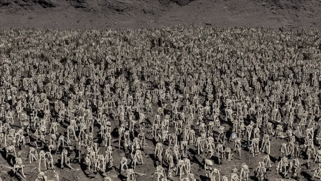 Image similar to army of skeletons In front of a mountain, cinematic,