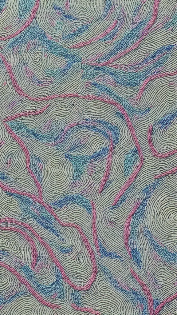 Image similar to wave, particle, synth, frequencies, pattern, osciliation. wave-particle duality. japanese embroidery.