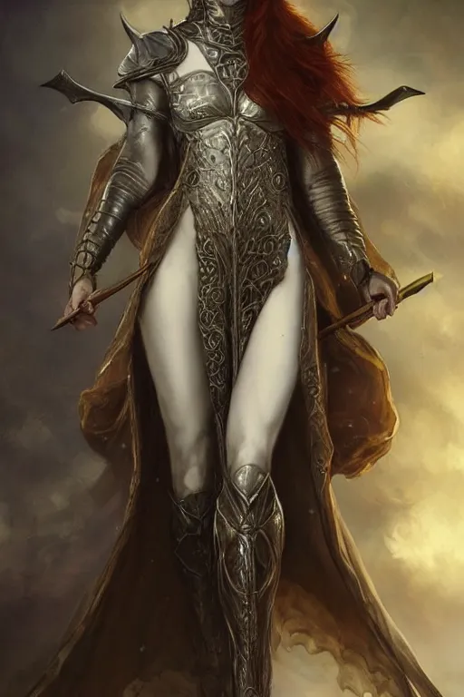 Image similar to ultra realist soft painting of a single gothic armored mage in a full long curvy slim dress in Elden Ring, thin long auburn hair, symmetry accurate features, very intricate details, volumetric lighting, by Tom Bagshaw Boris Vallejo