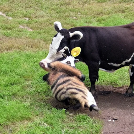 Prompt: cow bullying a raccoon