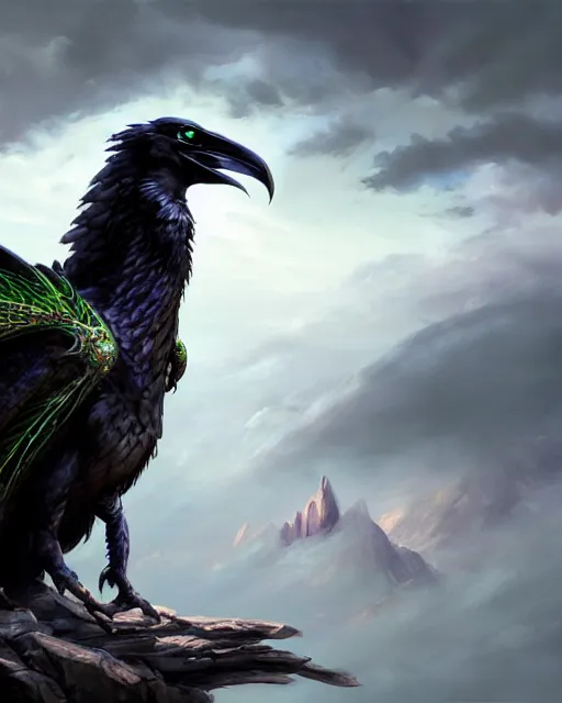 Prompt: oil painting of a Anthropomorphized raven shaman fusing with dragon, spirit of green dragon behind in the clouds, sharp focus, heroic pose, fantasy style, octane render, volumetric lighting, 8k high definition, by greg rutkowski, highly detailed, trending on art Station, magic the gathering artwork, Woodland background, centered