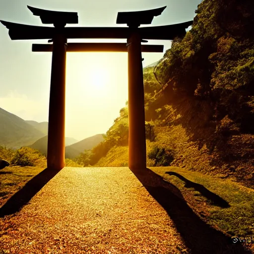 Image similar to Japanese Torii in a moutain , morning , sunshine , by Grzegorz Rutkowski