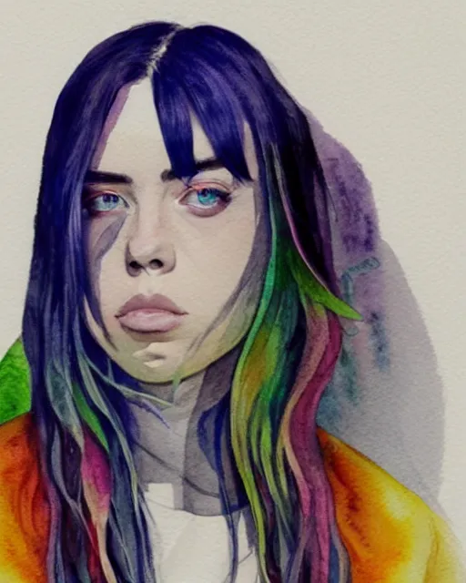 Prompt: a watercolor portrait of billie eilish