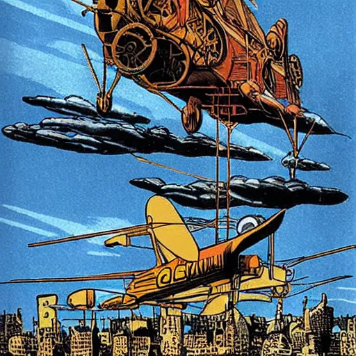 Image similar to steampunk flying air-ship conceot art, design art by Dave Gibbons, Jack Kirby, Will Eisner