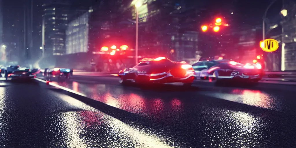 Image similar to photorealistic action photography of street car race on the roads dark, wet, night light fixtures. 8K. detailed. photorealism. artstation. 25mm f/1.7 ASPH Lens. ultra realistic