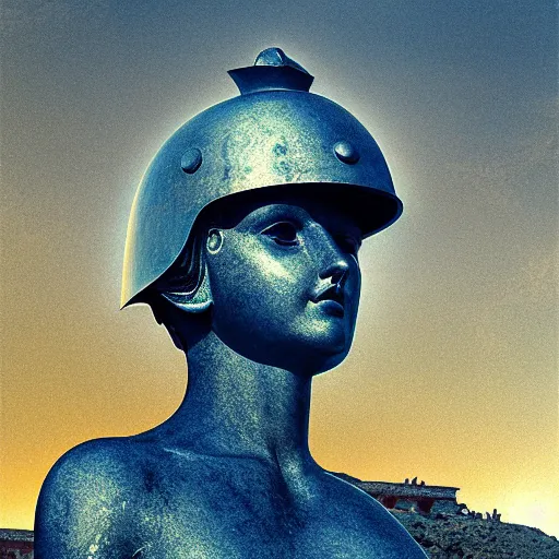 Image similar to tiny greek ancient woman in steel helmet standing on a giant greek ancient bearded man head, late afternoon light, greek temple of olympus glory island, wispy clouds in a blue sky, by frank lloyd wright and greg rutkowski and ruan jia