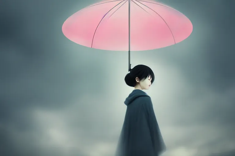 Image similar to surreal Portrait of japanese girl with transparent umbrella in dmt chromatic misty enviroment, elegant, highly detailed, smooth, photoreal, sharp focus, illustration, beautiful, geometric, dmt trending on artstation, cinematic, artwork by WLOP
